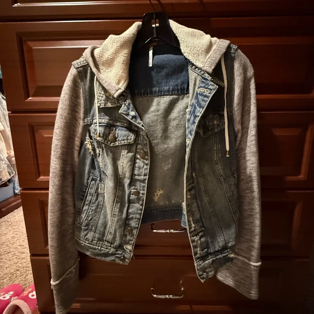 Free People Two-Tone Denim Jacket with Cream Knit Hood